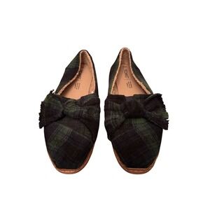 TOMS Women's Plaid Lined Slippers Flats Bow Detail Green Black Size 9.5